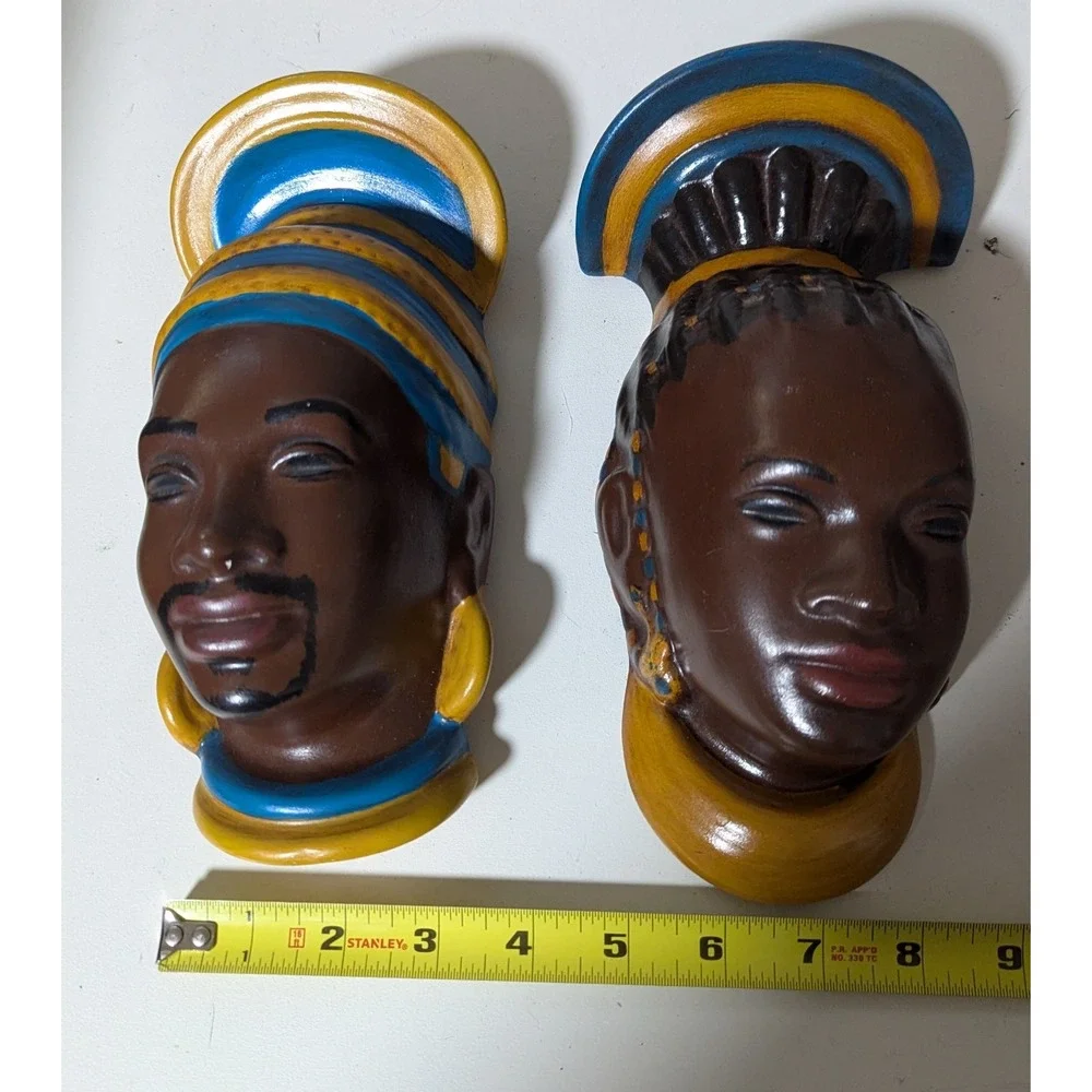 Mid-Century Modern African Bust Statuettes, Plaster Wall Hangings Atlantic Molds